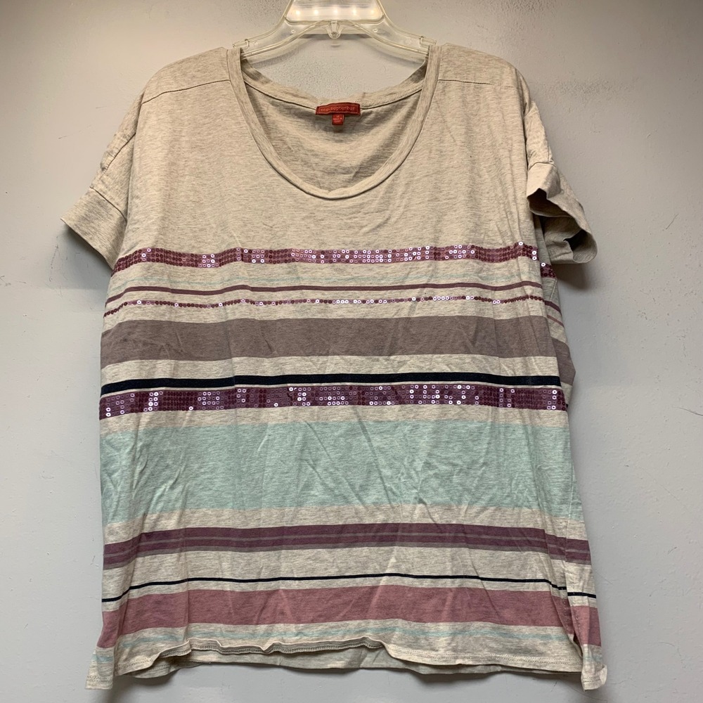 One September Striped Sequin Tee Womens Medium Oatmeal Multi Excellent Boho Top